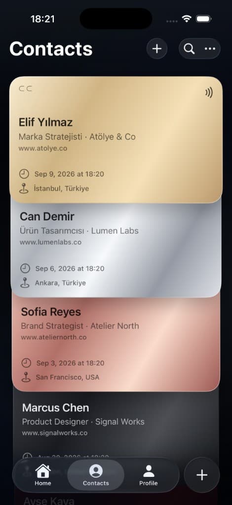 CC app Contacts screen — saved business cards list