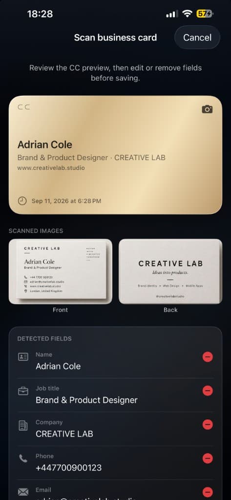 CC app business card scan screen — preview and extracted fields