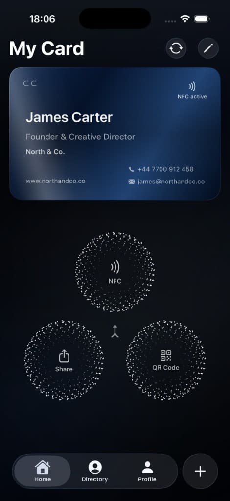 CC app My Card screen — NFC, Share, and QR Code sharing options